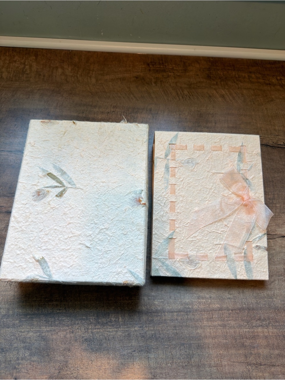 Handmade Floral Scrapbook Album with Box, Beige Green, Decorative Ribbon Accent